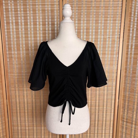Black Maeve Anthropologie cropped short flowy sleeved v-neck top - Picture 1 of 5